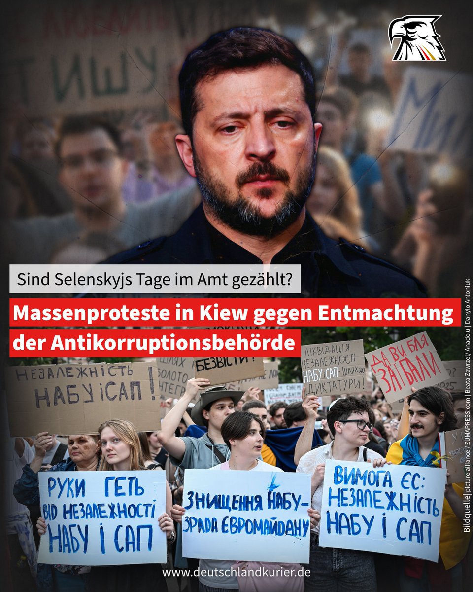 Deu_Kurier's tweet image. Sind Selenskyjs Tage im Amt gezählt? Massenproteste in Kiew gegen Entmachtung der Antikorruptionsbehörde
Haben die Ukrainer genug von Wolodomyr Selenskyj? Erstmals seit Beginn der russischen Militäroperation im Februar 2022 gehen in Kiew, Lemberg (Lwow/Lwiw) und anderen großen…