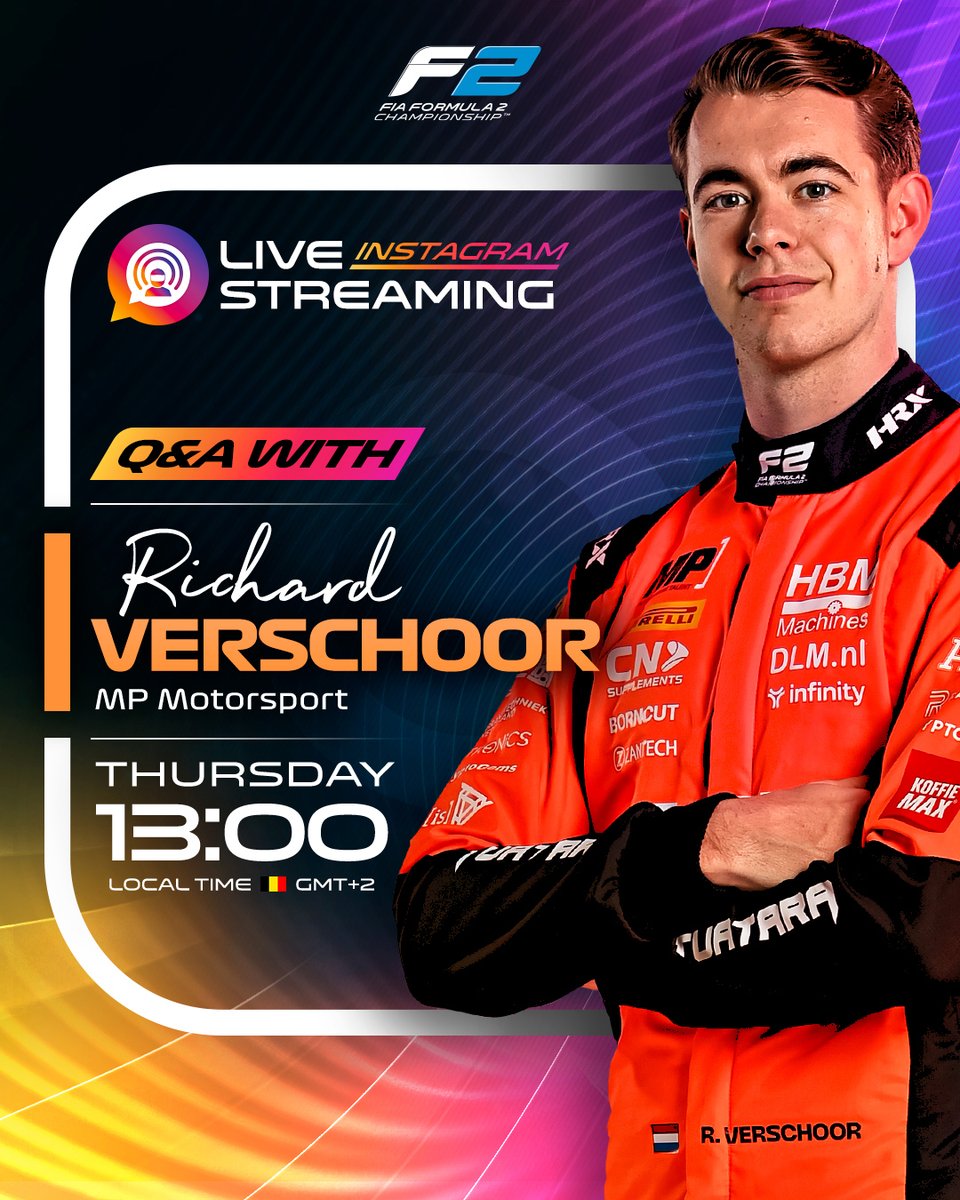 Formula2's tweet image. Ask @R_Verschoor1 your questions... 💬
On Thursday at 13:00 (GMT+2), head over to our Instagram for a live Q&A 🤩
#F2 #BelgianGP @OfficialMPteam