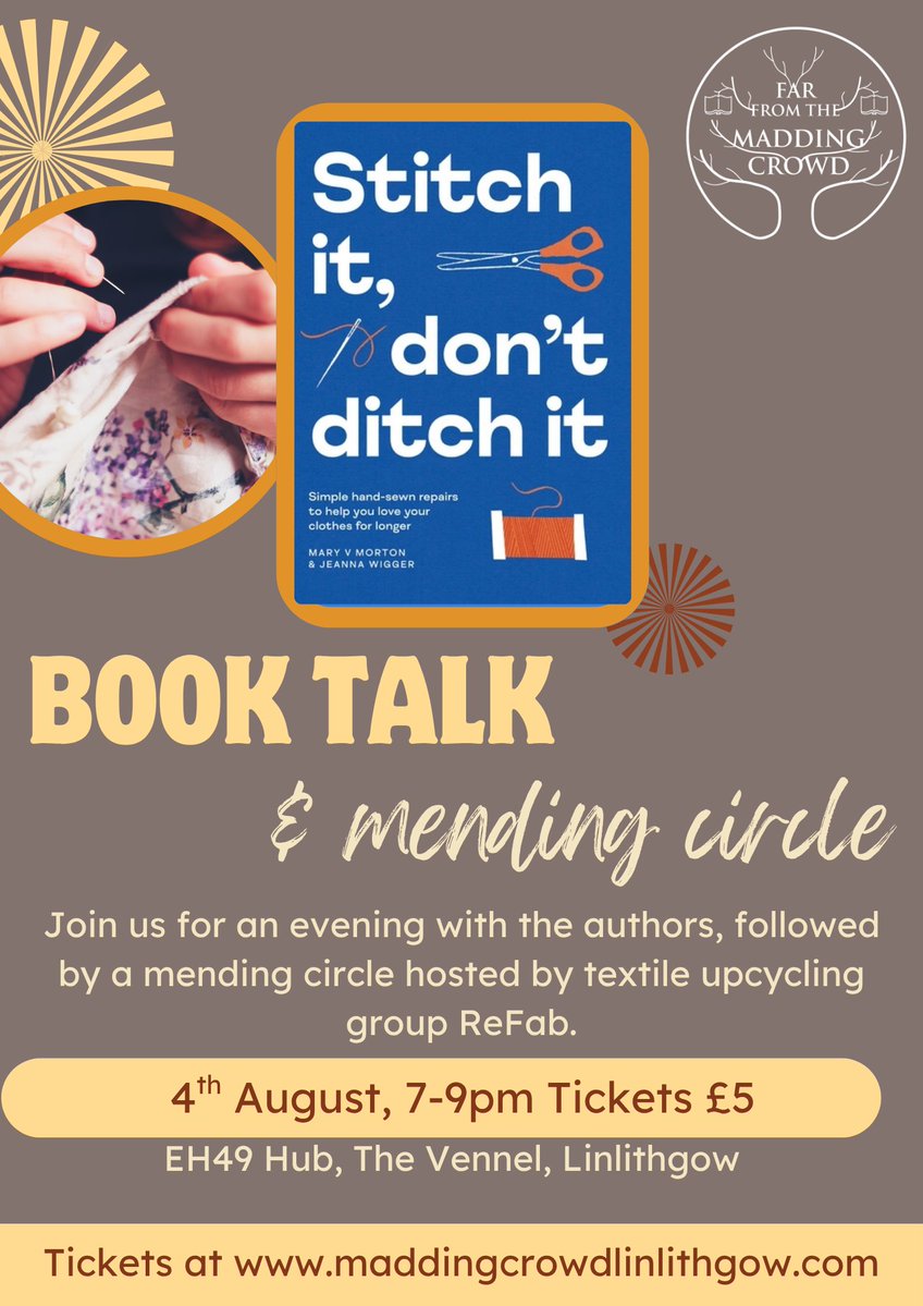Furtherfrom's tweet image. The #Linlithgow CDT have a brilliant event coming up in August, ideal for all you menders, makers and creators!
Join the authors of Stitch It, Don't Ditch It - @mvmorton & Jeanna Wigger - for a talk & mending circle: bring something along and you may see a bit of fabric magic!