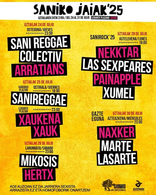 Ultrasonicos1's tweet image. Mañana jueves 24 de julio comenzarán los conciertos de fiestas de San Ignacio que a lo largo de los próximos días actuarán bandas como @lassexpeares, Marte Lasarte o Mikosis.