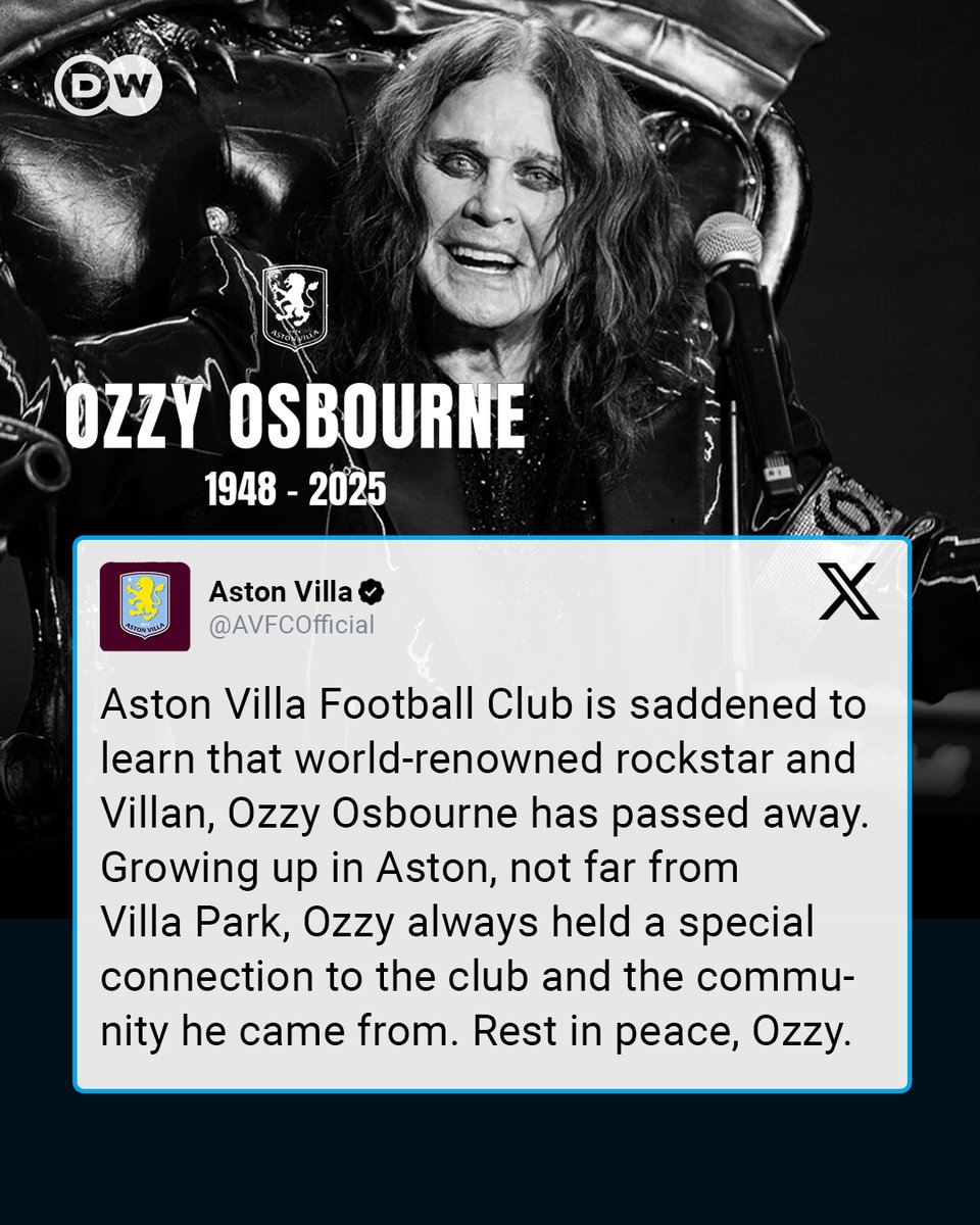 dw_sports's tweet image. Aston Villa have paid tribute to Ozzy Osbourne following his death at the age of 76.
The Black Sabbath singer was a lifelong fan and performed his last concert at the club's stadium, Villa Park, less than three weeks ago.