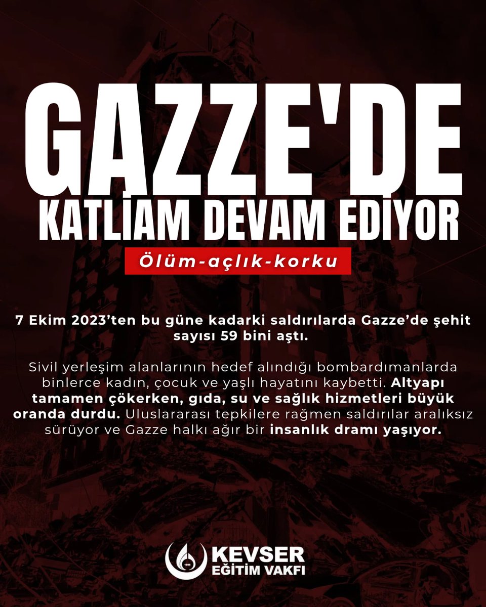KevserEgitim's tweet image. 7 Ekim 2023’ten bu güne kadarki saldırılarda Gazze’de şehit sayısı 59 bini aştı.
Sivil yerleşim alanlarının hedef alındığı bombardımanlarda binlerce kadın, çocuk ve yaşlı hayatını kaybetti. Altyapı tamamen çökerken, gıda, su ve sağlık hizmetleri büyük oranda durdu. Uluslararası…