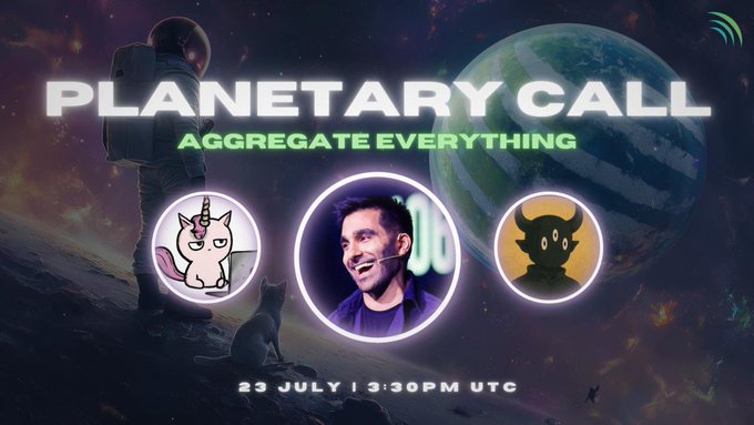 Planetary Call poster featuring a cosmic theme with an astronaut, a unicorn, a speaker, and a devil emoji, announcing a live event at 3:30 PM UTC on July 23, 2025