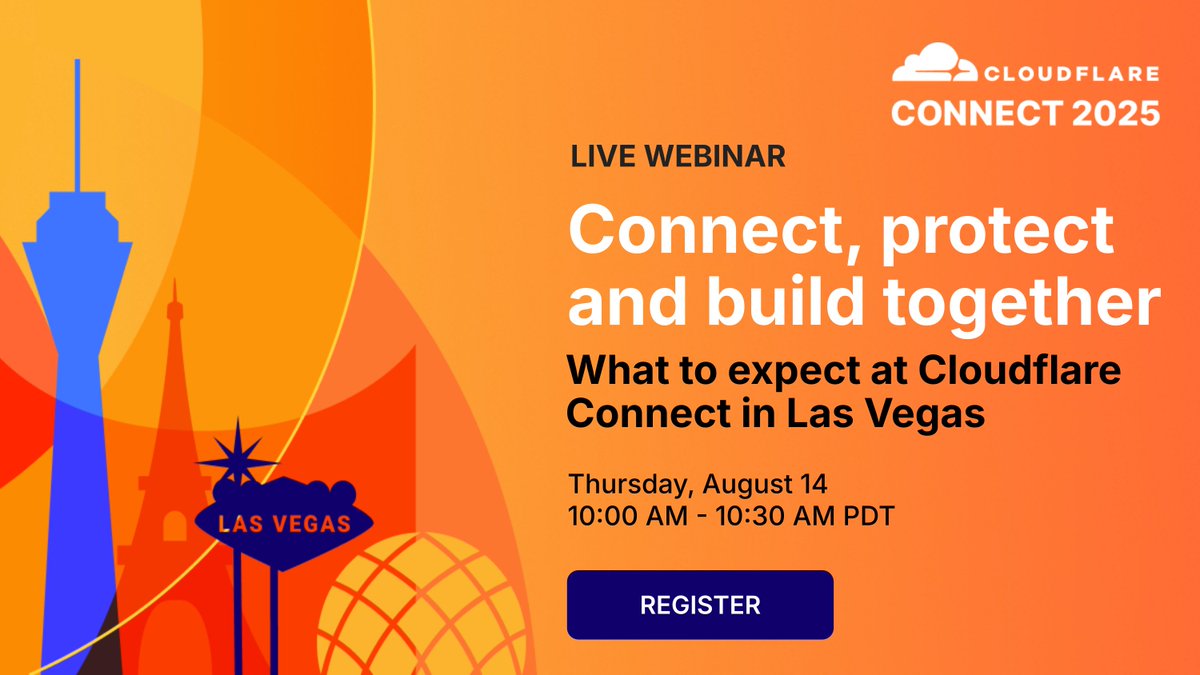 Cloudflare's tweet image. We’re giving you a sneak peek of Cloudflare Connect on Aug 14th! Get your first look at the conference agenda + chance to win a $695 Connect pass: cfl.re/cf-connect-web