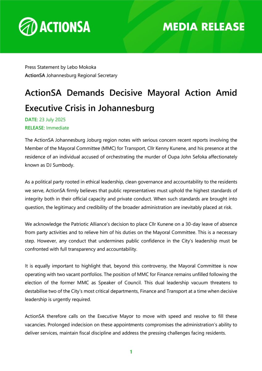 COJactionsaREC's tweet image. ActionSA implores Mayor Morero to fill the vacancies left in his Mayoral Committee with haste. The City cannot afford key positions like Finance and Transport to be left unattended. Residents deserve a City that is running smoothly on all cylinders.