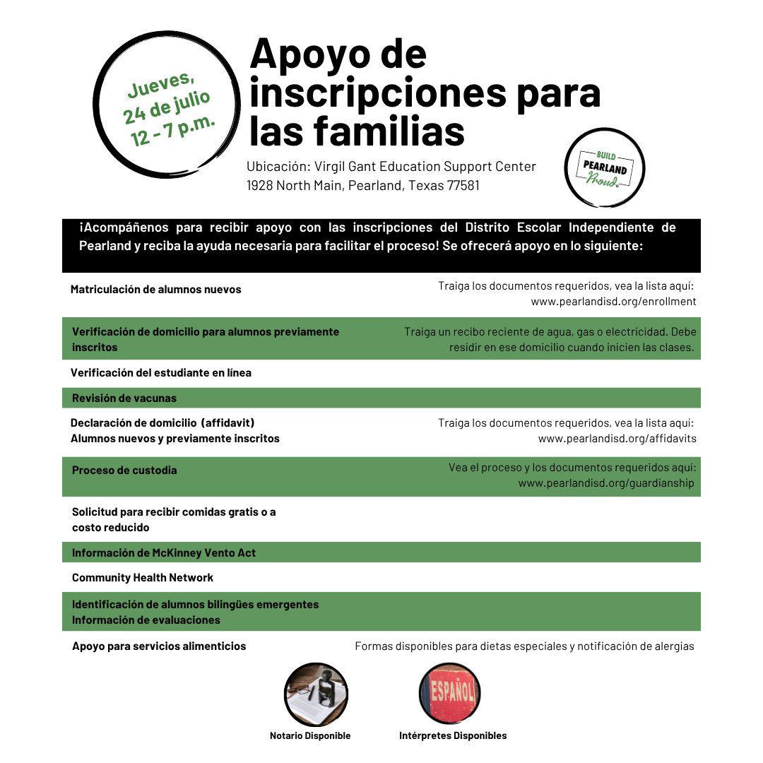 ¡Acompáñenos el jueves 24 de julio, de 12:00 p.m. a 7:00 p.m. en el ESC (1928 N. Main St, Pearland, TX 77581) para recibir apoyo con las inscripciones del Distrito Escolar de Pearland.📢 

Más información: pearlandisd.org/enrollment

#BuildPearlandProud #TheirFutureYourChoice