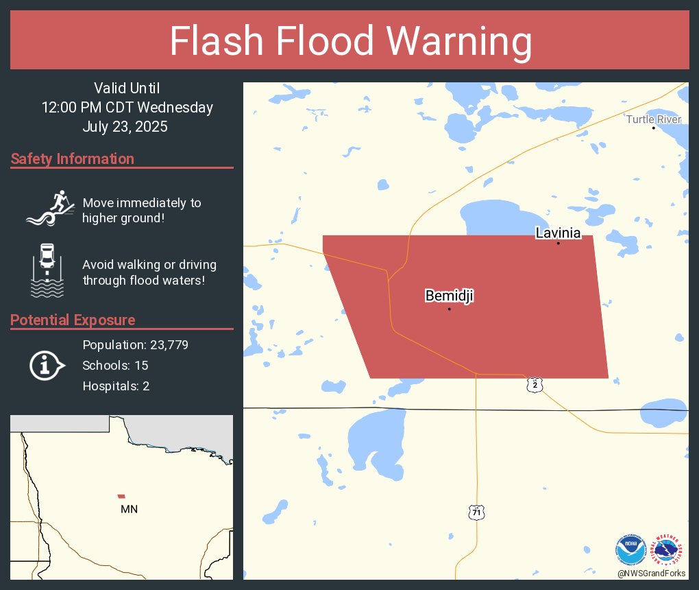 NWSGrandForks's tweet image. Flash Flood Warning including Bemidji MN and Lavinia MN until 12:00 PM CDT