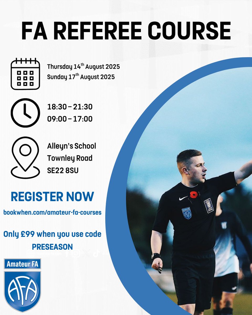 Becoming a #referee is a great way to get involved in #grassrootsfootball. 

You keep fit, understand the Laws of the Game and become integral to matches being played locally. We're hosting a series of referee courses across #London.

bit.ly/3OizQZl