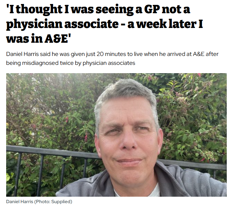 sophia_edw28123's tweet image. Daniel Harris nearly died after being misdiagnosed twice by PAs. They are not doctors and should not be diagnosing patients.
This is dangerous, misleading, and costing lives.
The NHS must stop using undertrained quacks as doctor substitutes.
web.archive.org/web/2025072219…