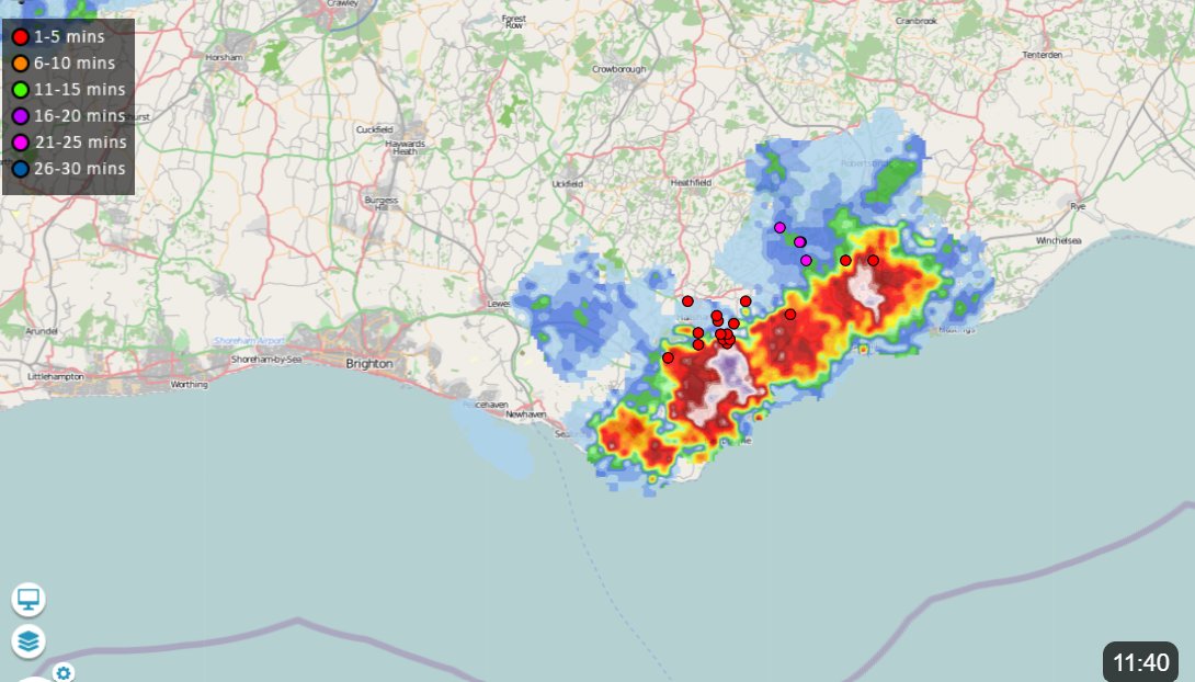 NickJF75's tweet image. A microcosm of wetness and thunder to be found in coastal East Sussex in a generally quiet and dry UK this late morning. Radar from Netweather.tv