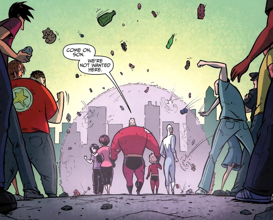 ComicGirlAshley's tweet image. Just got reminded The Incredibles comics just end with all the villians teaming-up, with the brain of the hero Overseer in their control and the city turning on the family. And that's it. Pain. It's never getting resolved.