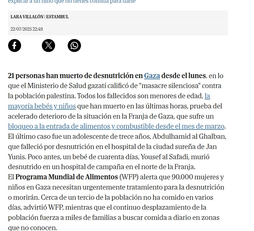 Portada, editorial y artículo  <a href="/elmundoes/">EL MUNDO</a> <a href="/ElMundoInter/">EL MUNDO Inter</a> ofrecen una imagen terrible de un niño agonizando y culpan a Israel, sin explicar que es versión de Hamás. 
Ni una sola vez ofrecen la otra versión que acusa a Hamás de impedir que la ayuda llegue a la población. Periodismo?