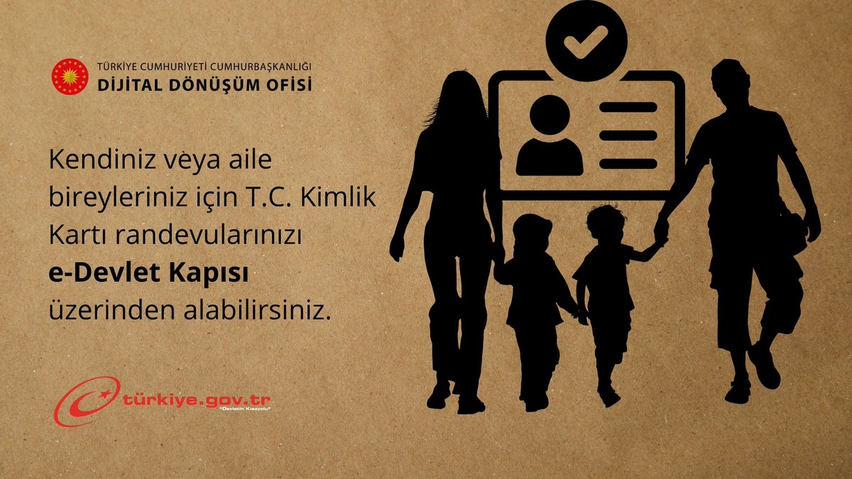 Kendiniz veya aile bireyleriniz için T.C. Kimlik Kartı randevularınızı e-Devlet Kapısı üzerinden alabilir, yapmış olduğunuz başvurunuza ait bilgileri görüntüleyebilirsiniz.
👉 <a href="/TC_icisleri/">T.C. İçişleri Bakanlığı</a> <a href="/TCNufus/">Nüfus ve Vatandaşlık İşleri Genel Müdürlüğü</a>
🔗 ddo.link/tc-kimlik-kart…
🔗 ddo.link/tc-kimlik-kart…
#DijitalTR #edevlet