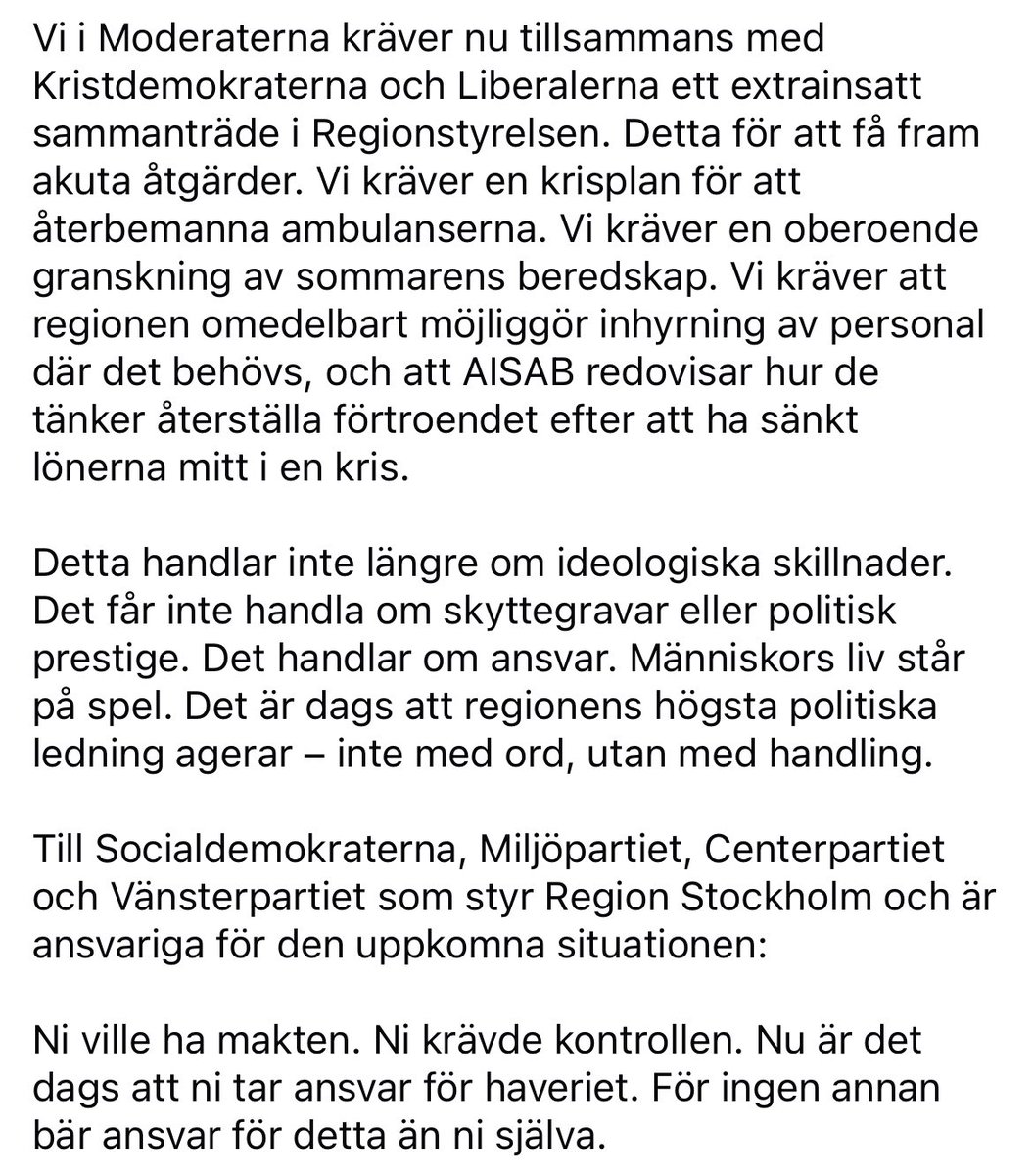 edvinalam's tweet image. Om ambulanskaoset i Region Stockholm: Moderaterna, Kristdemokraterna och Liberalerna kräver extrainsatt möte med regionstyrelse pronto. Läs @ktamsons
facebook.com/share/p/16pXmP…