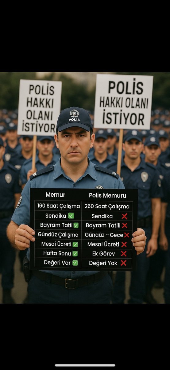Sayın Cumhurbaşkanım <a href="/RTErdogan/">Recep Tayyip Erdoğan</a>,polis ayrıcalık değil,herkese hak olan,sendika hakkı,kanunla güvence altına alınmış mesai sistemi,fazla mesai,nöbet,ek görev ücreti gibi en temel ve insani haklarını talep ediyor. 

#PolisHaberBekliyor