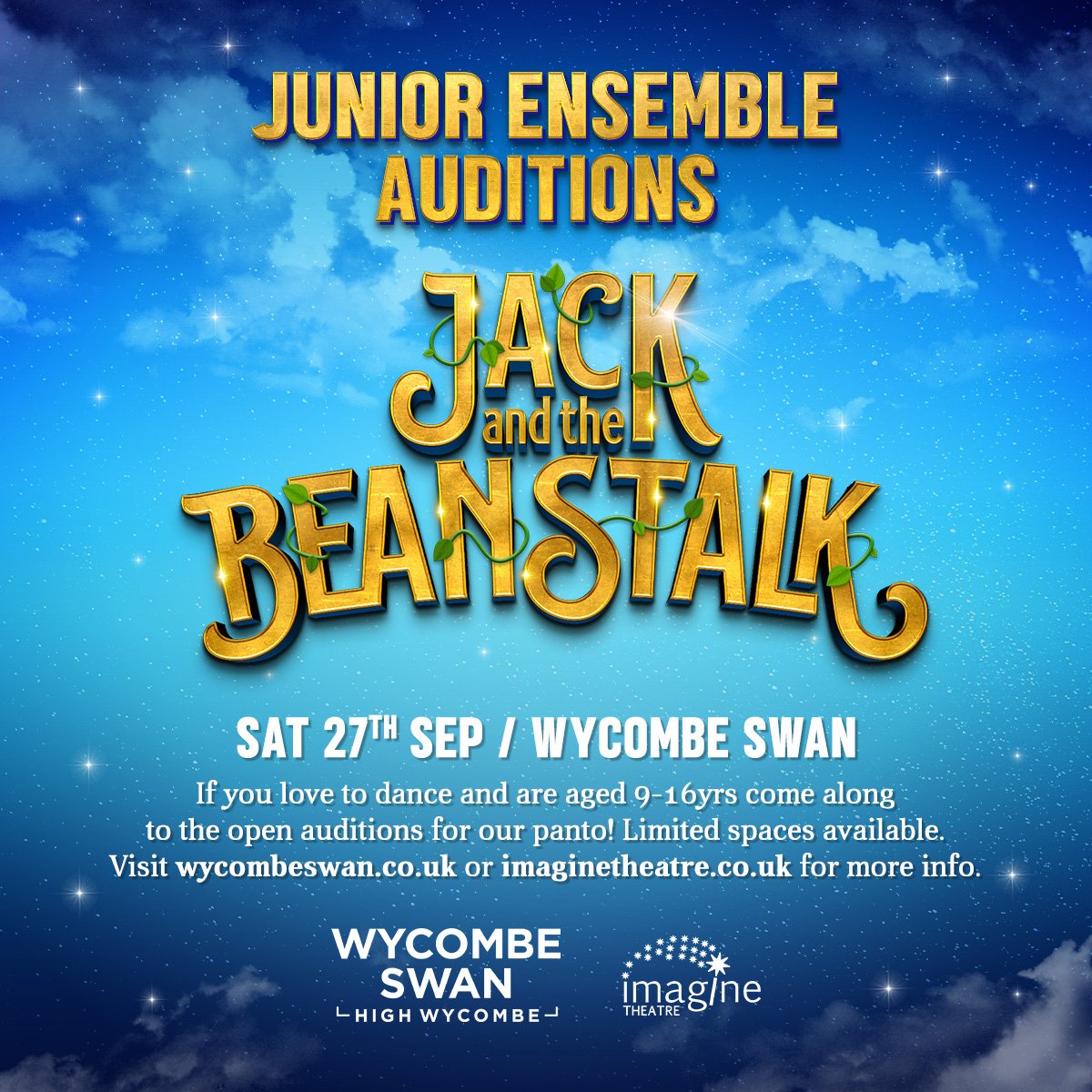 wycombeswan's tweet image. ✨ Calling all young performers ✨

Auditions for the Junior Ensemble of this year&apos;s panto, Jack and the Beanstalk, are set to take place this September! ⭐

Open to children aged 9 to 16. Visit our website for more information.