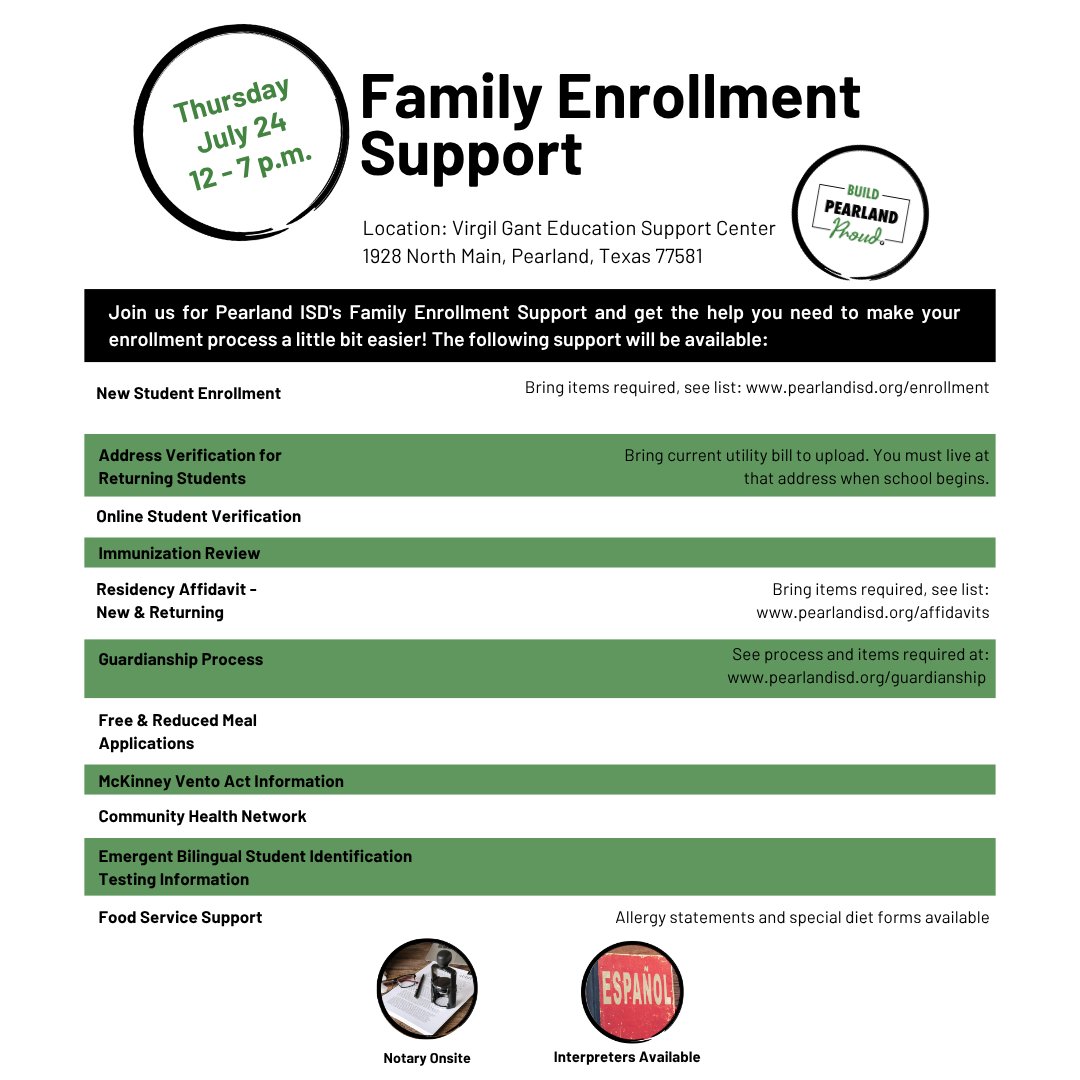 Join us Thursday, July 24, 12–7 p.m. for Pearland ISD's Family Enrollment Support at the ESC (1928 N. Main St, Pearland, TX 77581) and get the help you need to make your enrollment process easier!📢 

Learn more: pearlandisd.org/enrollment

#BuildPearlandProud #TheirFutureYourChoice