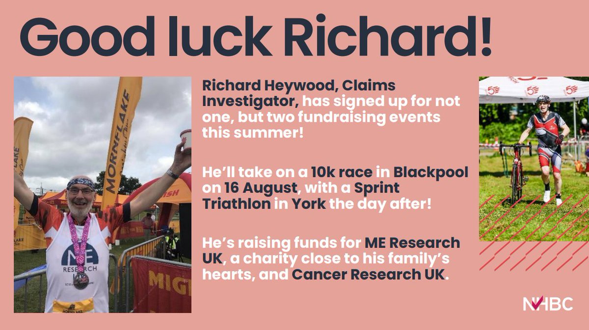 MEResearchUK's tweet image. Richard Heywood is doing two fundraising events this summer - a 1k race in Blackpool on August 16 and a Sprint Triathlon in York the day after!
@NHBC match fund money raised - up to £500 raised by an individual.
tinyurl.com/richard-heywood