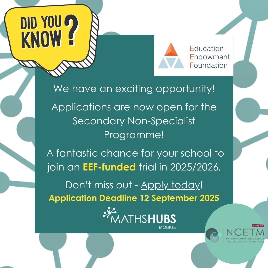 mobiusmathshub's tweet image. 📢 Teaching maths but not a specialist? Join the fully funded @MobiusMathsHub Secondary Non-Specialist Programme! Build confidence & skills. Starts Autumn 2025.
Apply by 12 September 👉 bit.ly/4mg3f4I @TSHBERKSHIRE @TSHUBSBF @SWINDONWILTTSH @RCHOICEWILTS @WILTSLEARNING
