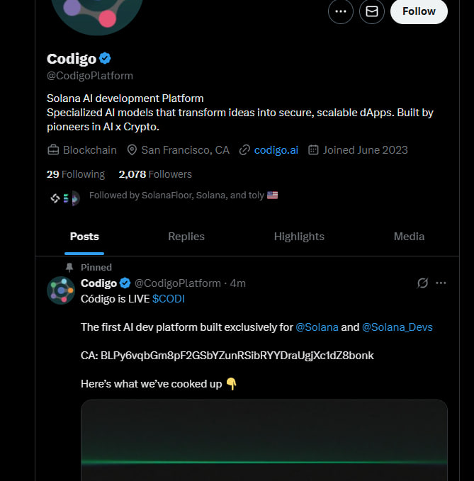 ... <a href="/CodigoPlatform/">Codigo</a> SCAMED AT 300k MCAP 

This project literally followed by <a href="/aeyakovenko/">toly 🇺🇸</a> , <a href="/solana/">Solana</a>  and <a href="/SolanaFloor/">SolanaFloor</a>  How it just happend they tweeted CA and rugged and deleted the tweet.. If they are scaming the space why Toly is following them ? Why <a href="/solana/">Solana</a> is following them?