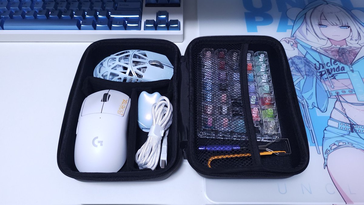 manzirin04's tweet image. Standard Productsで購入出来る"ガジェットケース"。
マジックテープで自由に配置できる仕切りが3つ入っており、Mサイズ相当のマウスを3つ収納出来る。
反対側にドングルやテスターも収納可能。
ただ、縦125mm以上のマウス(SuperlightやVV3 Proなど)のLサイズは向きを変えないと入らないため注意。