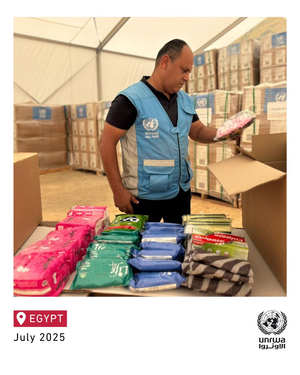 UNRWA's tweet photo. #Gaza: people are struggling to find the most basic items—soap, sanitary pads, diapers.
Meanwhile, thousands of hygiene kits are packed and ready in UNRWA warehouses in Jordan and Egypt, just waiting for the green light.
Open the gates.
Let aid in. https://t.co/Tu7YM5Fe9l