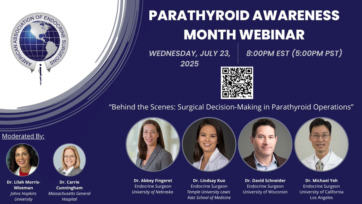 TheAAES's tweet image. 🔍 Ever wonder what really happens in the OR during parathyroid surgery?
TONIGHT join us: Behind the Scenes – Surgical Decision-Making in Parathyroid Operations
🔗 Register here: buff.ly/77flOTe
#PAM2025 #CheckYourCalcium