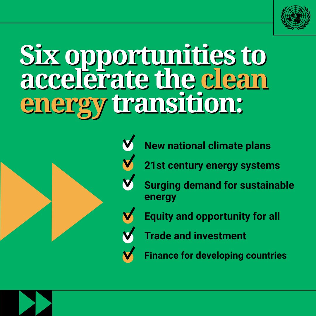 UNDPClimate's tweet image. The clean energy transition is underway.
But it's not yet fast or fair enough.
@UN chief @antonioguterres’ report outlines 6 areas for urgent #ClimateAction to unlock all the opportunities that renewables offer to people and governments.
👉 Learn more: un.org/en/climatechan…