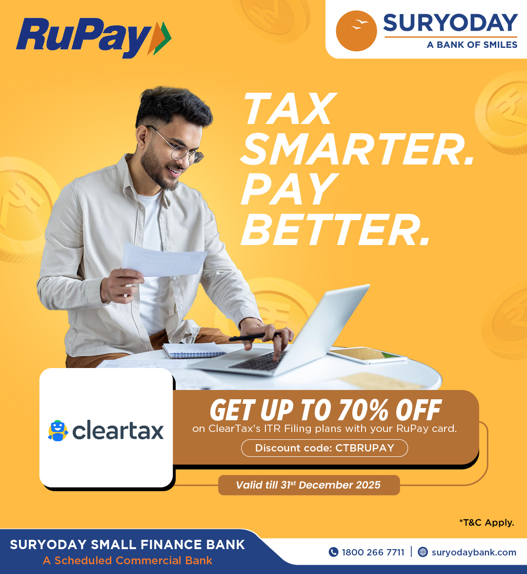 This Tax filling season, take an advantage of savings with #SuryodaySFB #RuPay #DebitCard. Get up to 70%* Off on ITR filling plans and smile. 

#itr #offer #debitcardoffers #discount #savingsaccount #savings #npci #bankofsmiles #suryodaybank