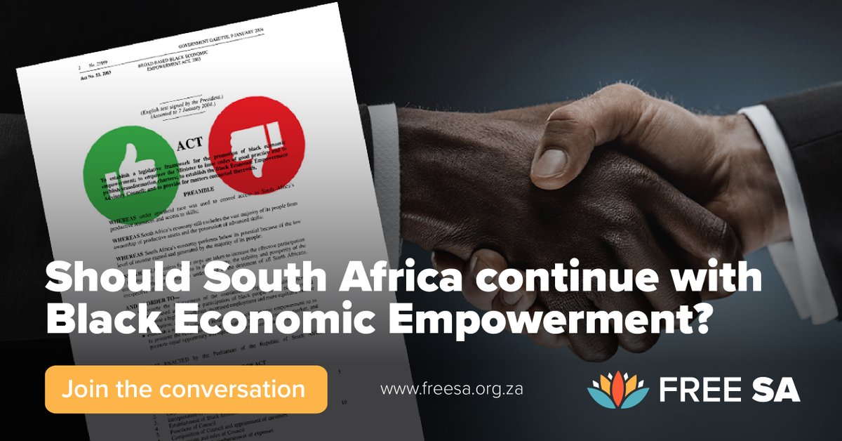 FreeSAorg's tweet image. 📊POLL: Should South Africa continue with Broad-Based Black Economic Empowerment (BBBEE)?
With our economy under pressure, including high unemployment, slow growth, and waning investor confidence, many are rethinking the impact of BBBEE.
Some say it is essential to address past…