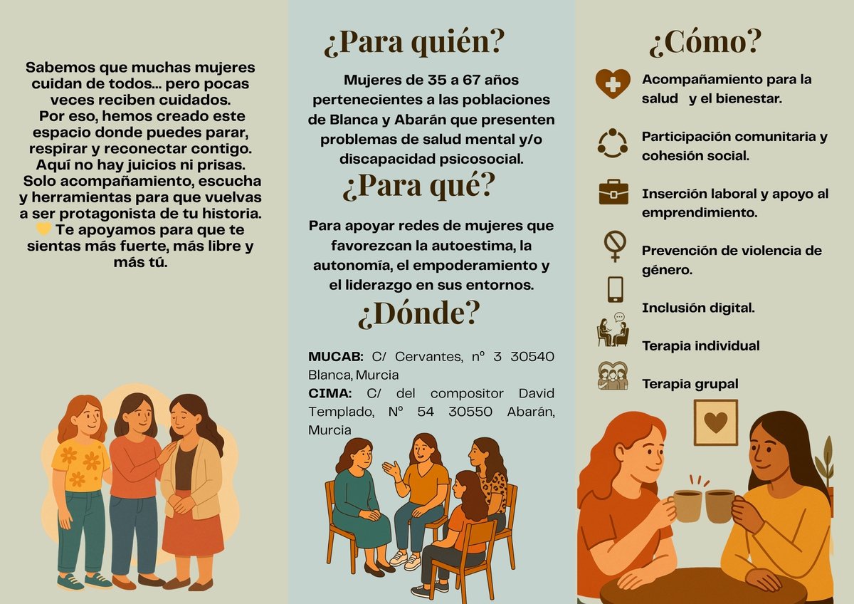 🌸ÈCLAT: Sé la mujer que quieras ser, vamos JUNTAS 

Dirigido a 15 mujeres de Abarán y Blanca con problemas de salud mental, y el objetivo de mejorar su calidad de vida y eliminar barreras de género en sus proyectos vitales. Durante  3 años.