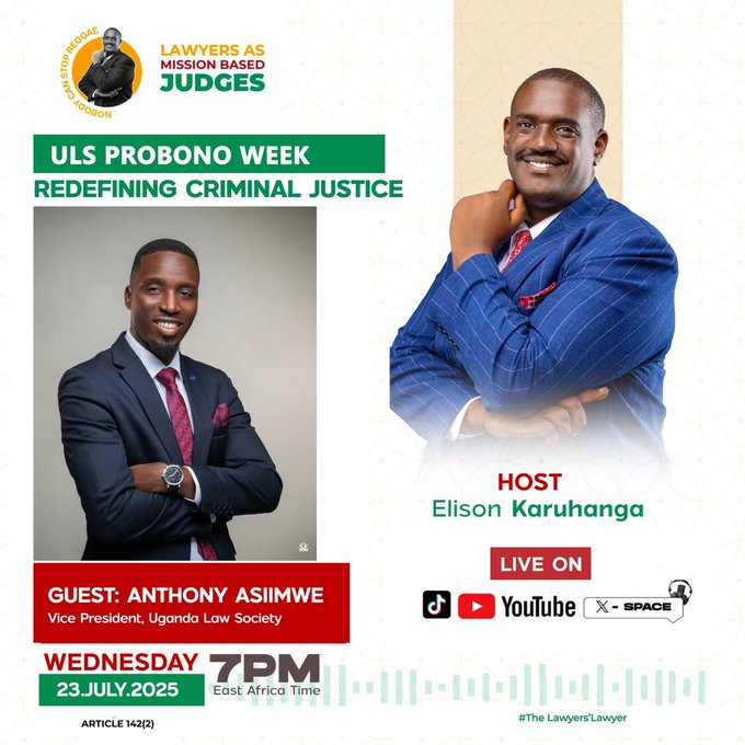 Uganda Law Society (@ug_lawsociety) on Twitter photo SET THE SPACE: 🕖Today at 7:00 PM
Join Senior Advocate <a href="/elisonk/">Elison Karuhanga</a> in conversation with our most perpendicular Vice President, <a href="/AsiimweAnthony2/">Asiimwe Anthony</a>, as they delve into the key highlights and objectives of #ULSProBonoWeek2025.
#RedefiningCriminalJustice
<a href="/IDLO/">International Development Law Organization</a> <a href="/NLinUganda/">Embassy of the Netherlands in Uganda</a>
Space Link: SET THE SPACE: 🕖Today at 7:00 PM
Join Senior Advocate <a href="/elisonk/">Elison Karuhanga</a> in conversation with our most perpendicular Vice President, <a href="/AsiimweAnthony2/">Asiimwe Anthony</a>, as they delve into the key highlights and objectives of #ULSProBonoWeek2025.
#RedefiningCriminalJustice
<a href="/IDLO/">International Development Law Organization</a> <a href="/NLinUganda/">Embassy of the Netherlands in Uganda</a>
Space Link: