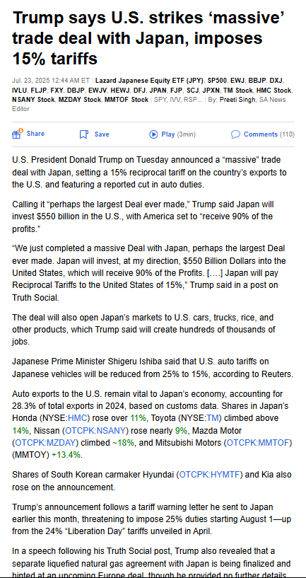 MikeZaccardi's tweet image. Trump says U.S. strikes ‘massive’ trade deal with Japan, imposes 15% tariffs
$EWJ +4%