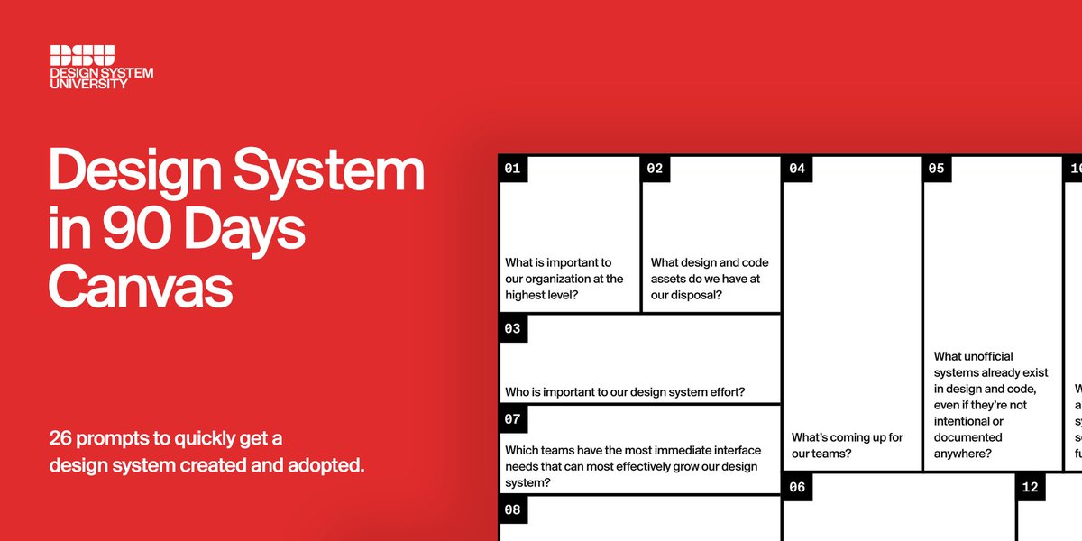 🎨 Design System in 90 Days Canvas

This canvas will help your team get a design system up and running in 90 days. It covers all essential areas of the design system creation process, from identifying business goals to organizing the documentation

figma.com/community/file…