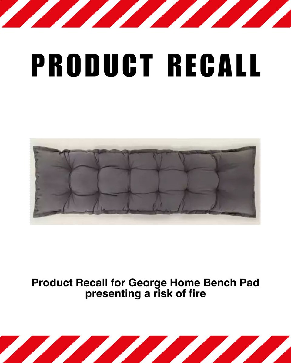 HCC_TS's tweet image. Product Recall: George Home Bench Pad (All Colours Affected). The product may not comply with the fire & furnishing regulations and may therefore present a risk of fire.
corporate.asda.com/product-recalls