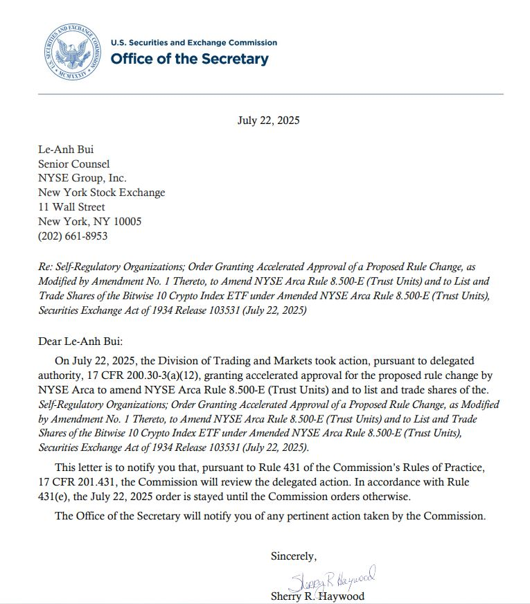 🚨 BREAKING: 🚨 AGGIORNAMENTO: La SEC approva la conversione dell'ETF crypto di Bitwise, ma la sospende immediatamente.