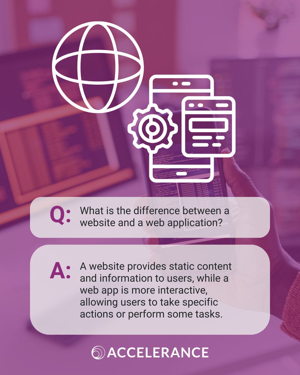 Website vs. Web App: One provides information, the other lets you take action. Know the difference. Discover more about this solution: accelerance.com/solutions/web-… 

#WebApp #WebDev #TechTips