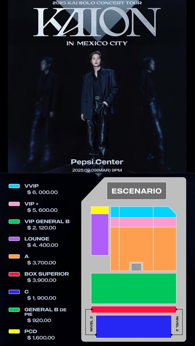 ailoviutl's tweet image. 🌐 KAI SOLO CONCERT TOUR 🌐
🗓️ Martes 9 de Septiembre del 2025 🗓️
🏟️ Pepsi Center WTC 🏟️
📍 CDMX📍 🇲🇽 México 🇲🇽

Venta Weverse 8:00 AM 🎫 Acepta casi todas las tarjetas excepto: SPIN, SALDAZO, BANCOPPEL 🎫 Límite de Compra: 4 Boletos 🎫 No hay MSI

Link: bit.ly/3H0rYtV…