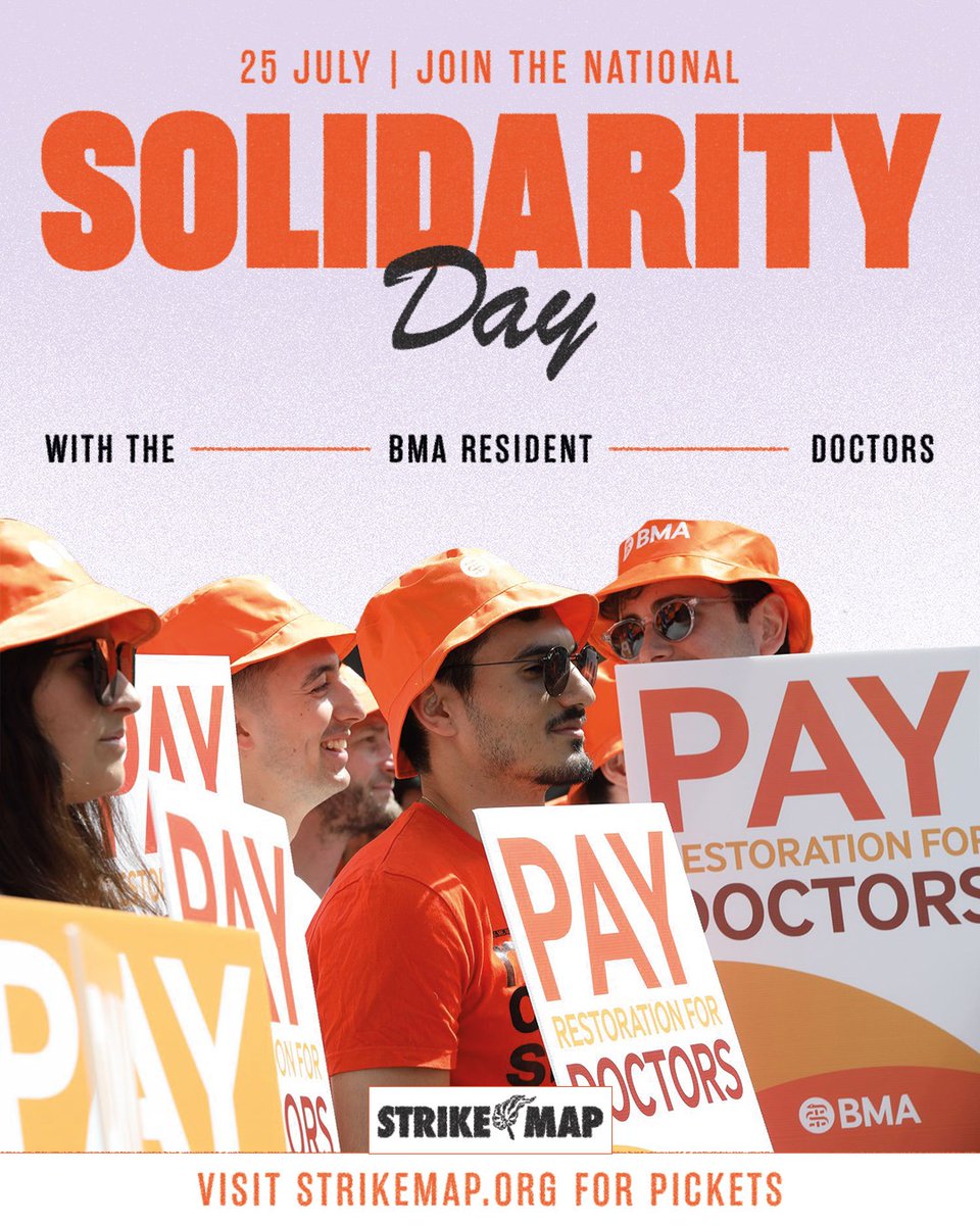 strike_map's tweet image. 2 day left until the National Solidarity day with @BMAResidents.
25 July | 7am
🪧Join your nearest picket: strikemap.org/organisation/b…
📹Leave a solidarity message: bit.ly/solidaritydoct…
#StrikeMap #ResidentDoctorsStrike #NHS
@Melissa_S_Ryan