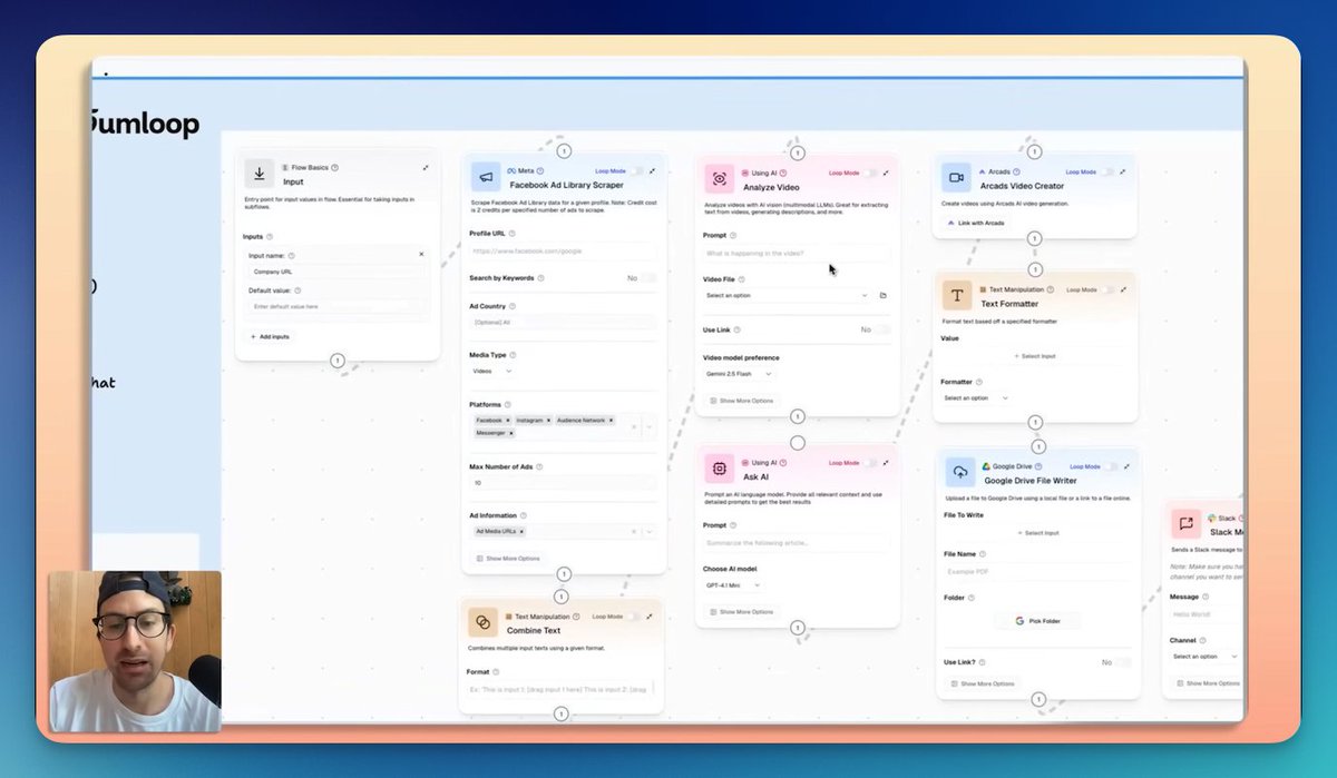 MakerThrive's tweet image. found this @gumloop_ai automation in @gregisenberg's pod🎙️
here's what it does:
1. input website url
2. scrape video ads from META
3. analyze video w/ AI
4. create UGC ad script
5. generate ad with @arcads_ai
6. save file to google drive
7. notify team in slack