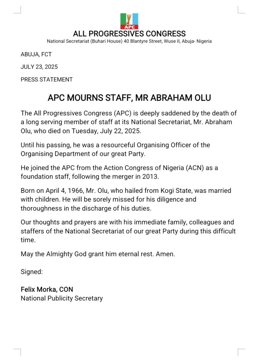OfficialAPCNg's tweet image. APC MOURNS STAFF, MR ABRAHAM OLU
Our thoughts and prayers are with his immediate family, colleagues and staffers of the National Secretariat of our great Party during this difficult time.