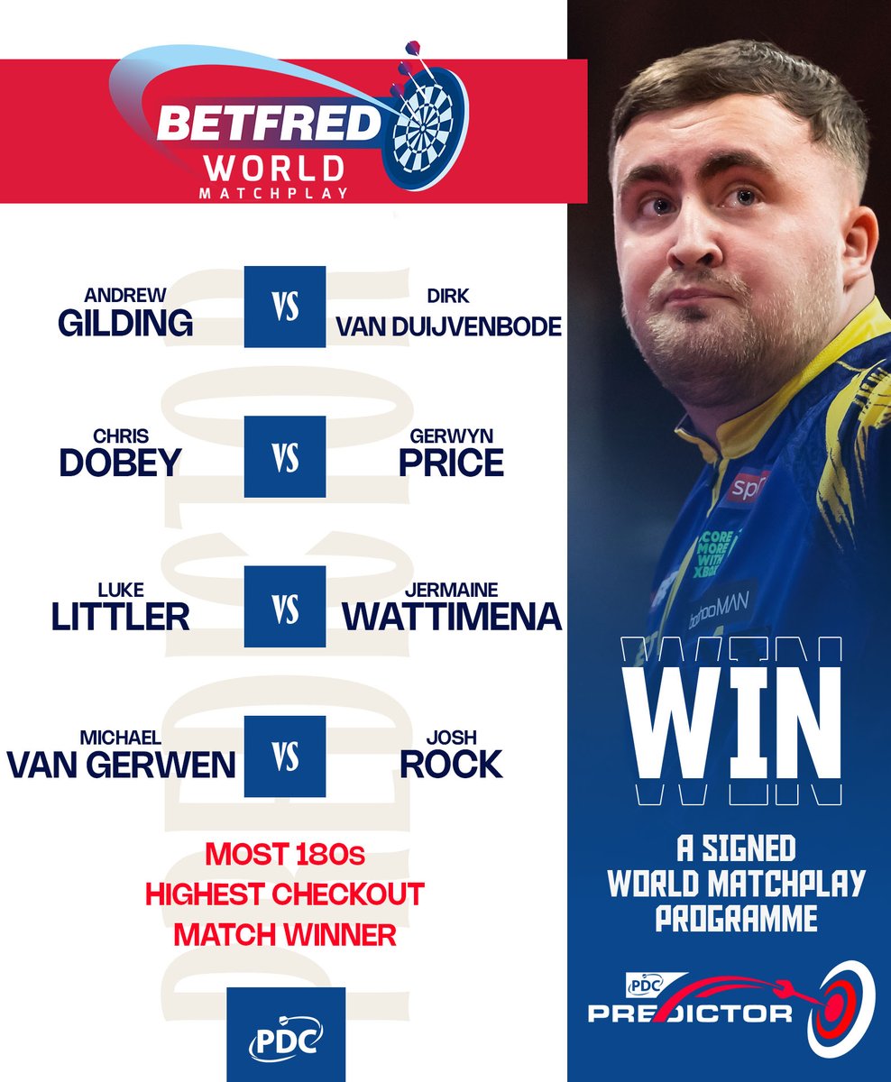 OfficialPDC's tweet image. What a night of darts ahead! 🔥👀
Don't forget to submit your Night Five predictions for the chance to win a signed World Matchplay programme!
Play here 👉 games.pdc.tv
