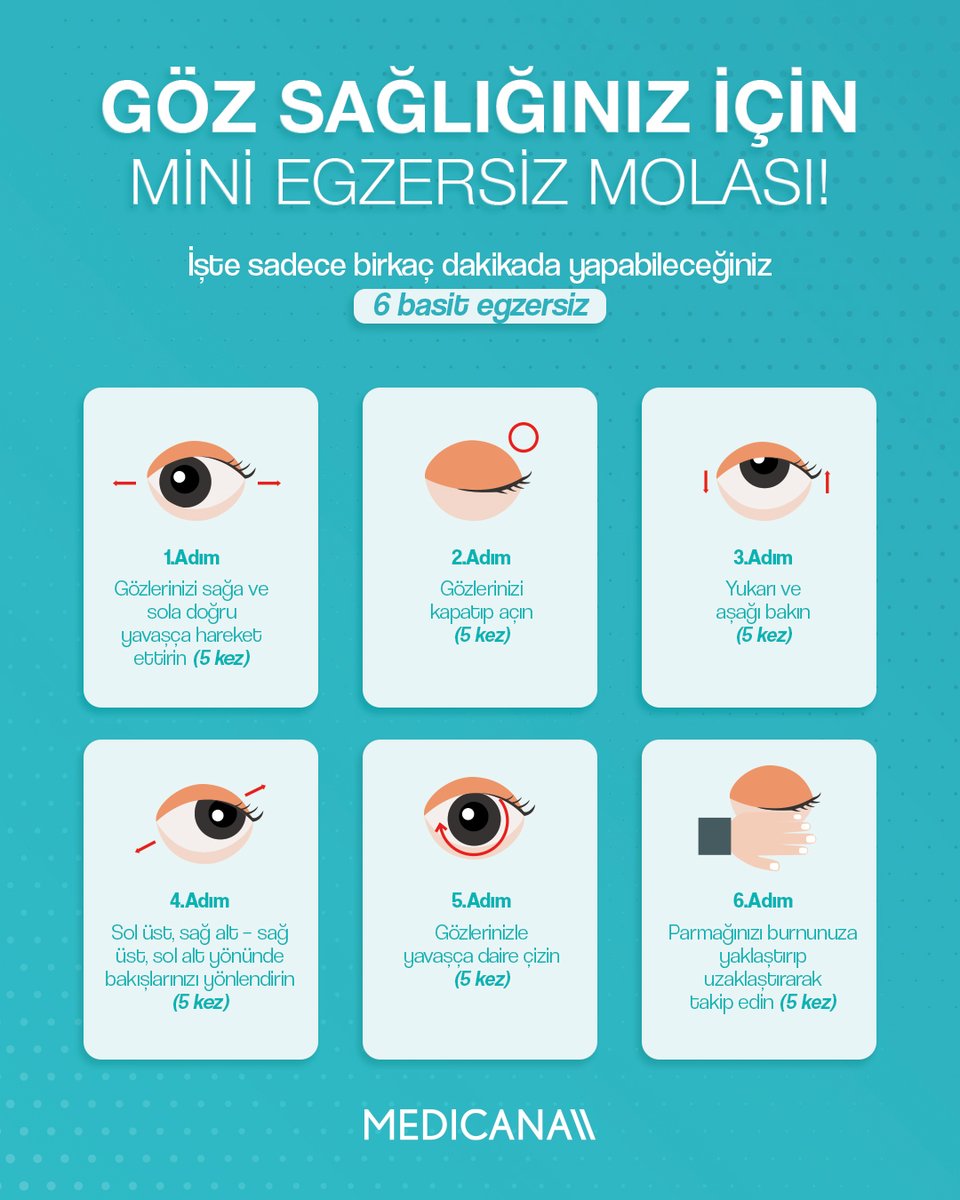 👀 Uzun süre ekrana bakmak gözlerinizi yoruyor mu?

Gözlerinize birkaç dakikalık bir mola verin!
6 adımda kolayca uygulayabileceğiniz egzersizlerle hem dinlenin hem rahatlayın.
Gün içinde bu küçük rutin, göz sağlığınız için büyük fark yaratabilir 💡✨

#GözSağlığı #GözEgzersizi