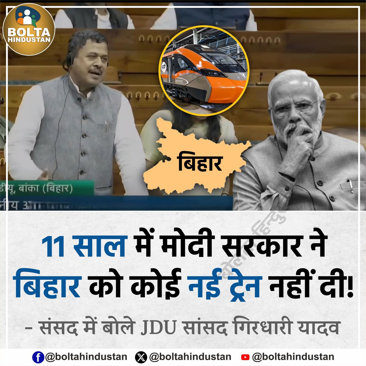 11 साल में मोदी सरकार ने बिहार को कोई नई ट्रेन नहीं दी !

: संसद में बोले JDU सांसद गिरधारी यादव