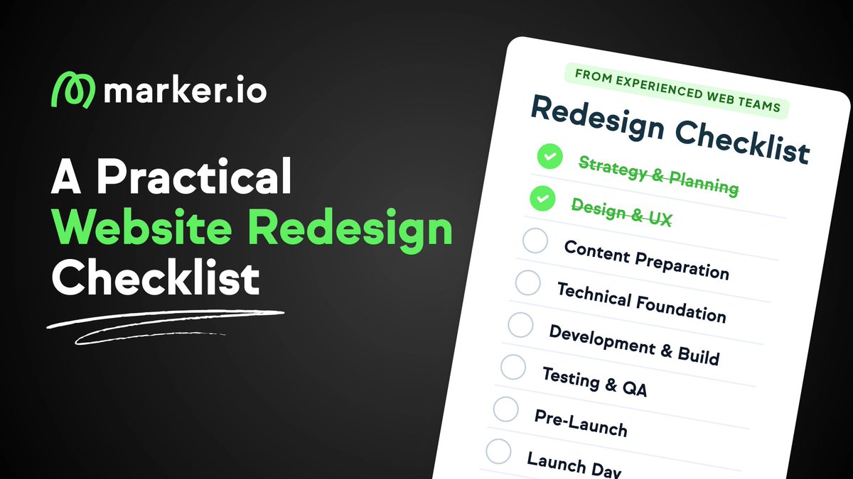 Redesigning your website? This is the checklist we wish we had when we rebranded Marker.io.

✅ URL mapping
✅ Performance
✅ Asset handling &amp; go-live steps
✅ All the things you forget… until it’s too late

Built with other web ops teams: resources.marker.io/website-redesi…