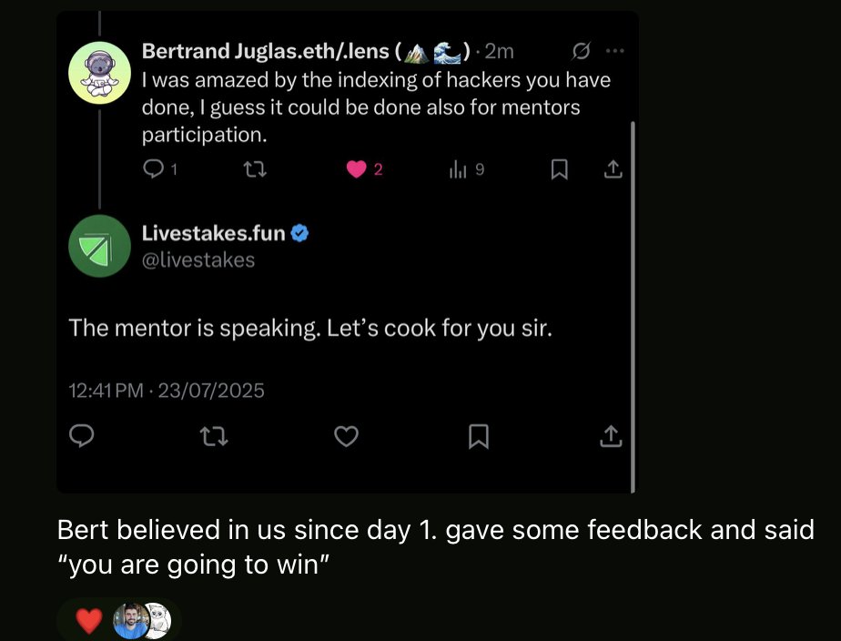 zizonchain's tweet image. mentors like @bjuglas are underrated af.
they're our smart & intuitive guides who actually move projects forward.
yet they get zero upside.
hearing you loud and clear on rewarding mentors.
we're heads down shipping for @ETHGlobal unite defi but a mentor betting model could…