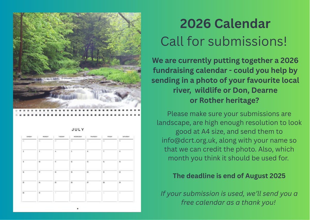 DonCatchmentRT (@doncatchmentrt) on Twitter photo We've had some great photos submitted for the Trust's 2026 fundraising calendar! Do you have any pictures of our rivers, their wildlife or heritage to submit for the spring/summer months? If so email them to info@dcrt.org.uk. Thank you! We've had some great photos submitted for the Trust's 2026 fundraising calendar! Do you have any pictures of our rivers, their wildlife or heritage to submit for the spring/summer months? If so email them to info@dcrt.org.uk. Thank you!