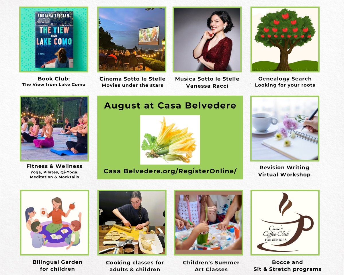 Casa Belvedere (@casa_belvedere) on Twitter photo Celebrate summer <a href="/CasaBelvedere/">Gina Biancardi</a> with programs open to the public! Movies & live music with a view. Search for your Italian roots. Art & language for kids. Fitness, wellness & cooking classes! Register/details: bit.ly/46hxnXY
#ItalianCulturalFoundation #StatenIsland #NYC Celebrate summer <a href="/CasaBelvedere/">Gina Biancardi</a> with programs open to the public! Movies & live music with a view. Search for your Italian roots. Art & language for kids. Fitness, wellness & cooking classes! Register/details: bit.ly/46hxnXY
#ItalianCulturalFoundation #StatenIsland #NYC