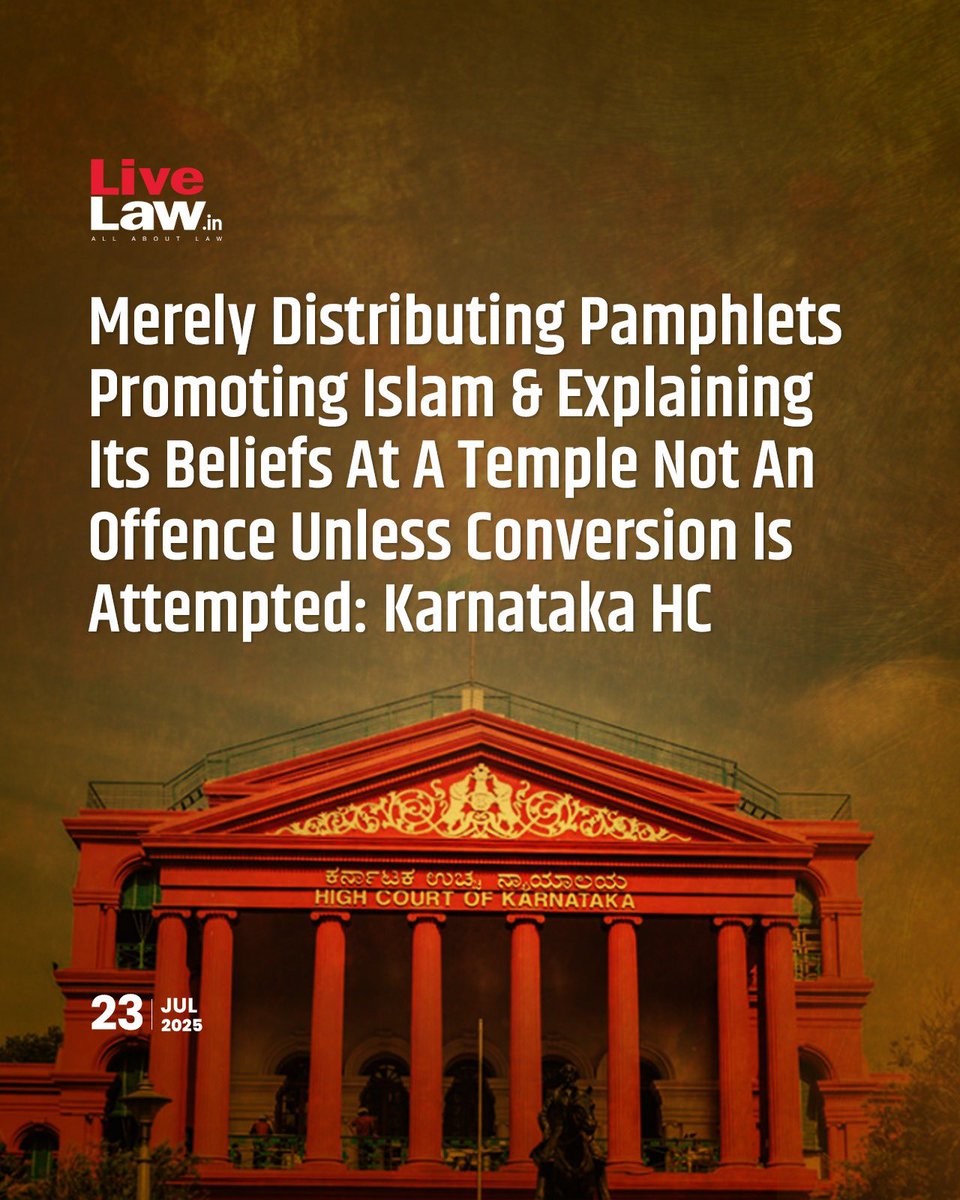 LiveLawIndia's tweet image. The #Karnataka High Court has quashed an #FIR registered against three #muslim persons who were accused of distributing pamphlets promoting the teaching of #Islam and verbally explaining their religious beliefs at a #Hindu temple.
Read more: livelaw.in/high-court/kar…