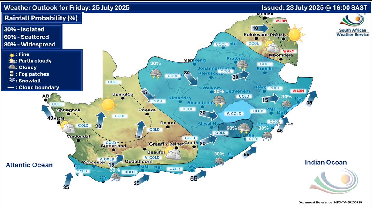 SAWeatherServic's tweet image. Extended weather forecasting for Friday and Saturday, 25-26 July 2025:
Partly cloudy and very cold to cold but cool to warm in places, with isolated to scattered showers and thundershowers.
#saws #saweatheroutlook